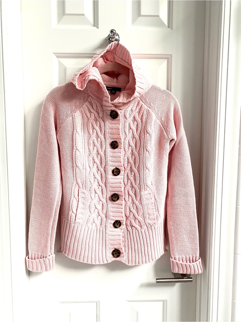 GAP Light Pink Cable Knit Button-Up Sweater Hoodie
